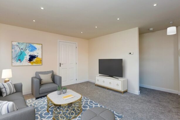 Photo of the lounge area shown is a CGI representation taken in an actual 3 bed house at Cottam Gardens
