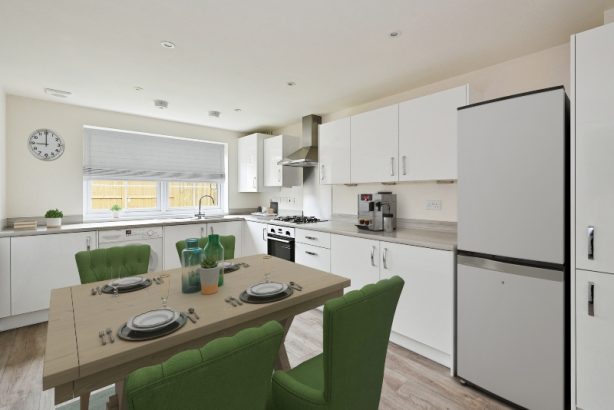 The kitchen photo is a CGI dressed representation taken in an actual Three Bedroom House at Rogerson Gardens, Goosnargh