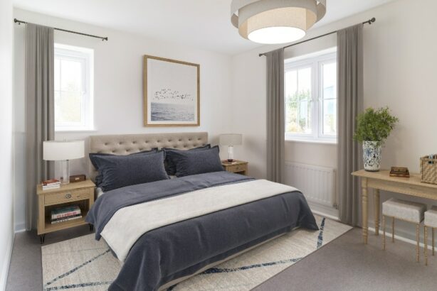 The photo of the bedroom is a CGI dressed interior taken in an actual Three bedroom House at The Havens
