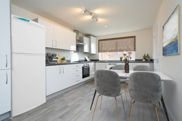 CGI dressed representation of a kitchen-dining area in an actual three bedroom house at Lucas Place, Birmingham
