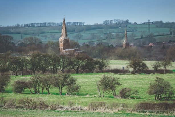 View across fields towards Melton Mowbray, UK