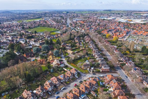 Scenic drone shot of Wollaton district on a beautiful day, suburb in Nottingham, UK.