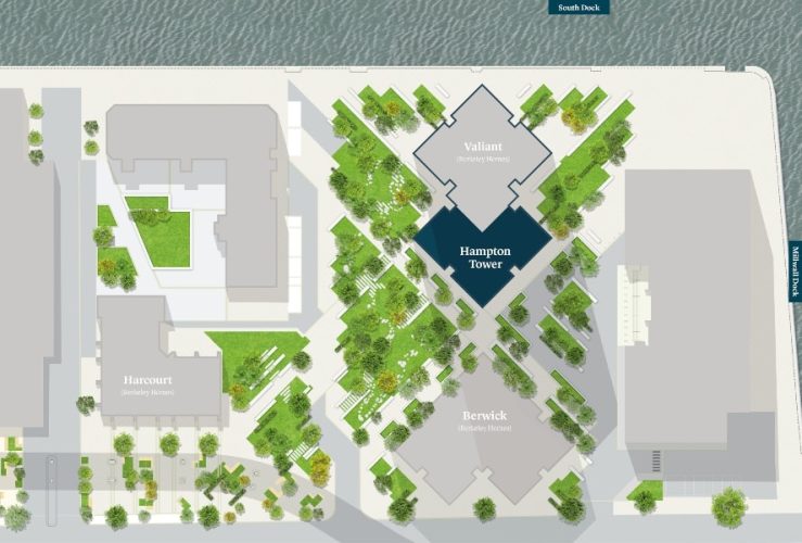 Site plan map of the location of the Hampton Tower at South Quay Plaza development