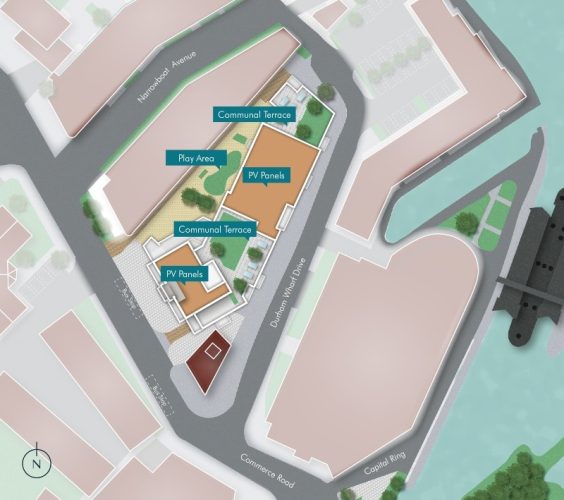 Aerial site plan of the Moorings site, showing the Shared Ownership homes, Brentford