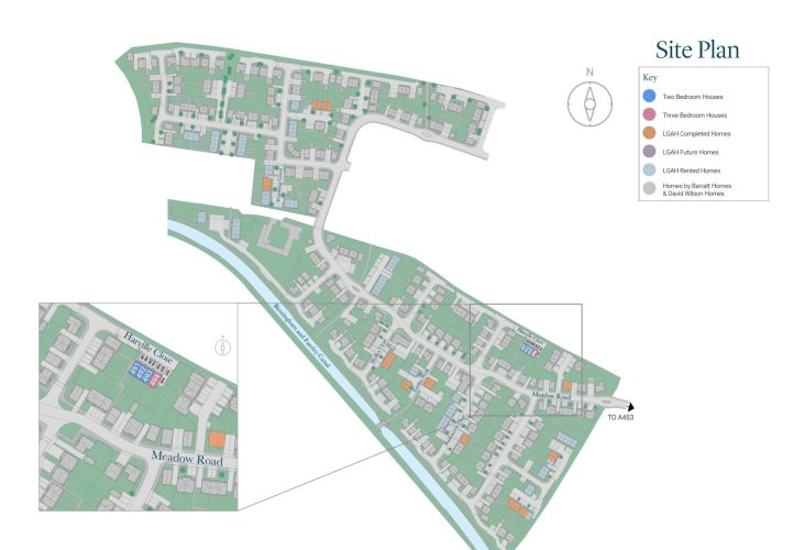 Aerial siteplan view of the Mercia reach development, showing the layout and location of the Shared Ownership homes