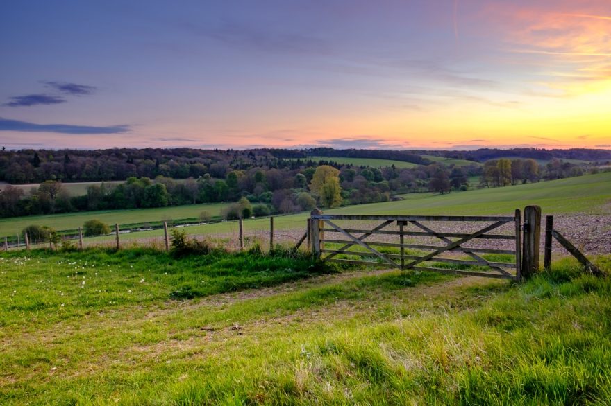 Sunset over field gate in the Chess Valley, Part of the Chiltern Hills.